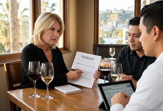 Wine consultant reviewing a restaurant wine list development plan in Los Angeles